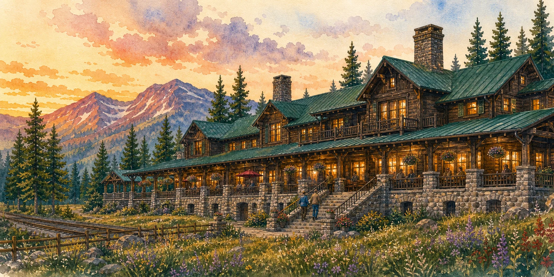 Watercolor of the Belton Chalet at sunset with lit windows, stone terraces, and the railway line running past the front