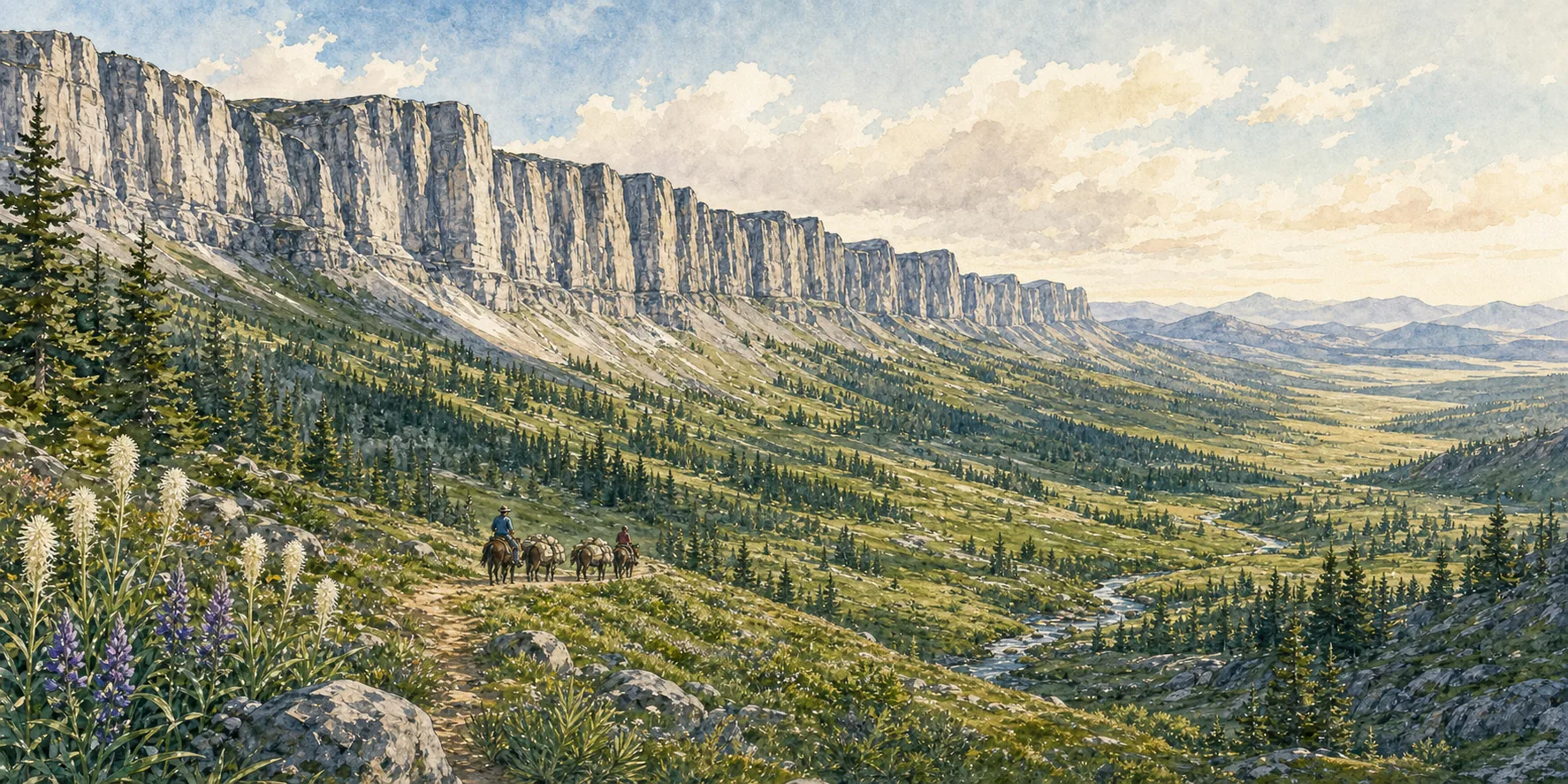 Watercolor of the Chinese Wall escarpment in the Bob Marshall Wilderness with a horse-pack string on the trail below