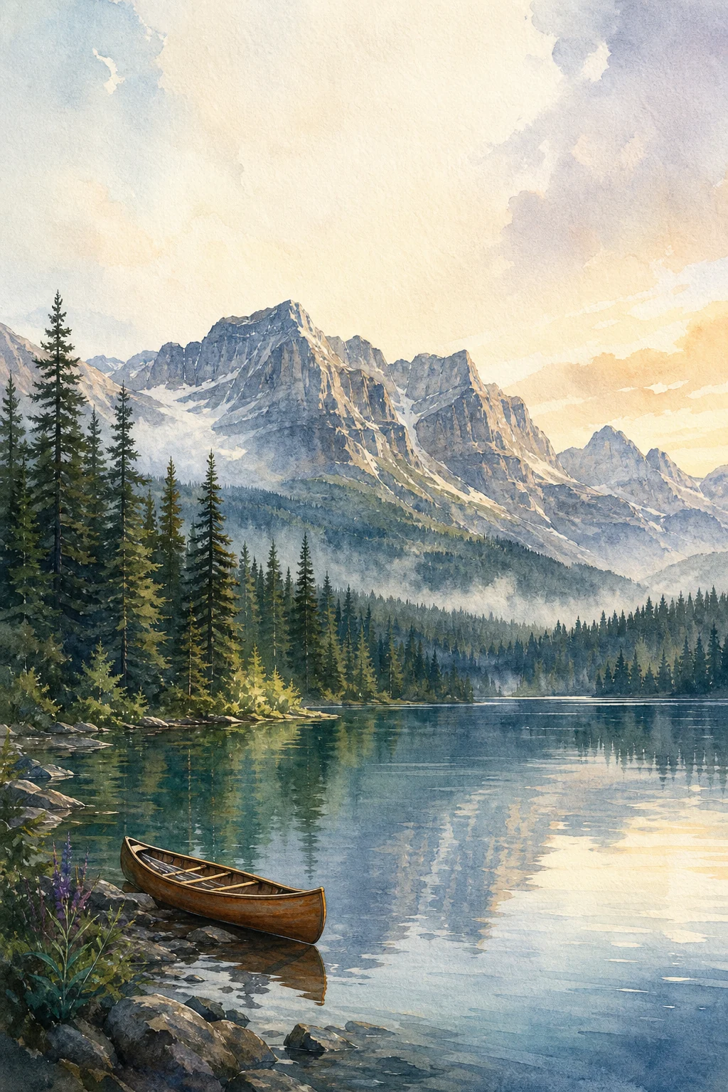 Watercolor mountain lake in Northwest Montana