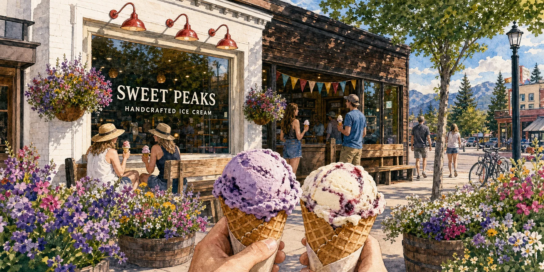 Watercolor of two handcrafted ice cream cones held up outside the Sweet Peaks storefront in downtown Whitefish
